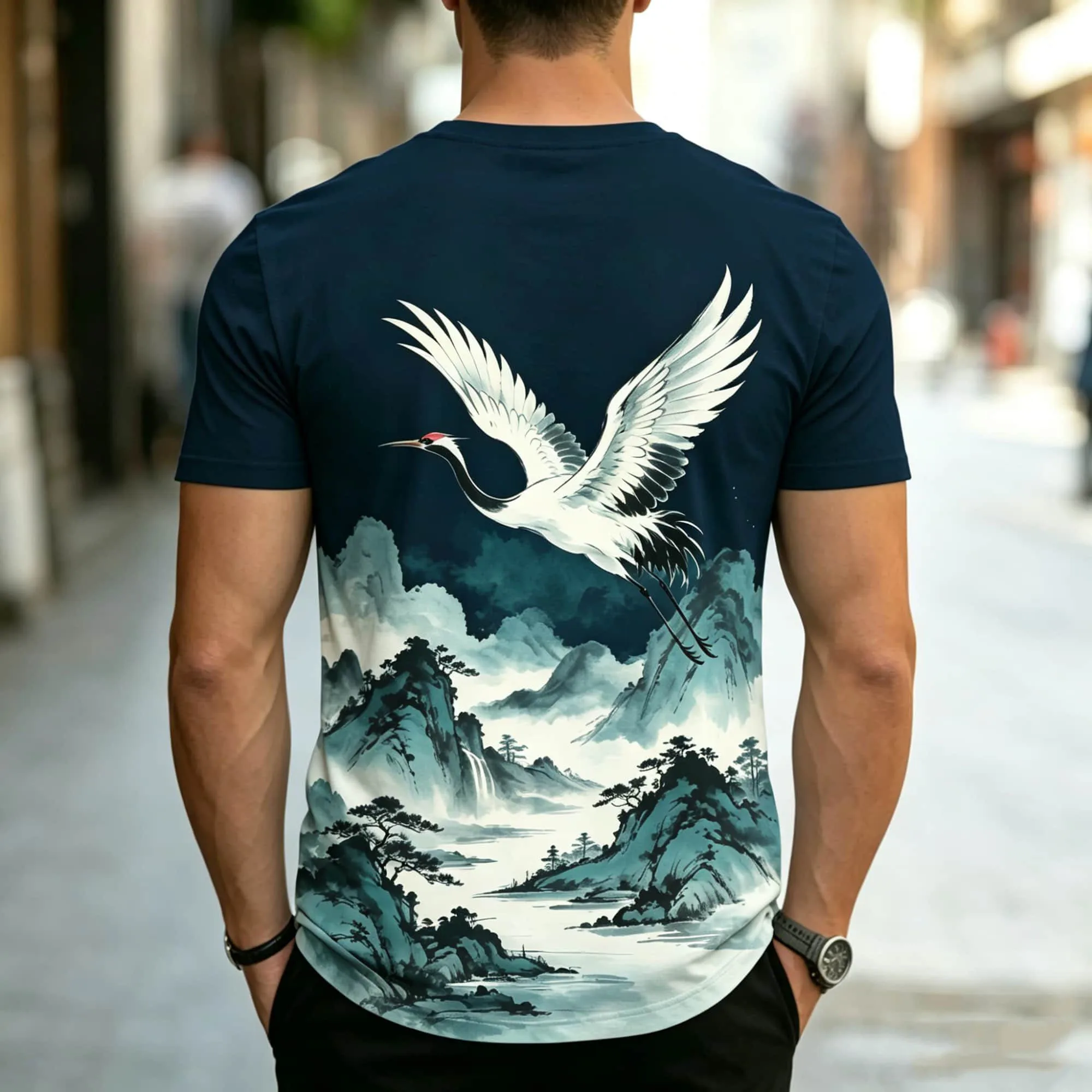 Japanese Ukiyo-e Style T Shirt Mens Vintage Nature Landscape Graphic Tee Ink Wash Painting Design Chinese Short Sleeve Tops