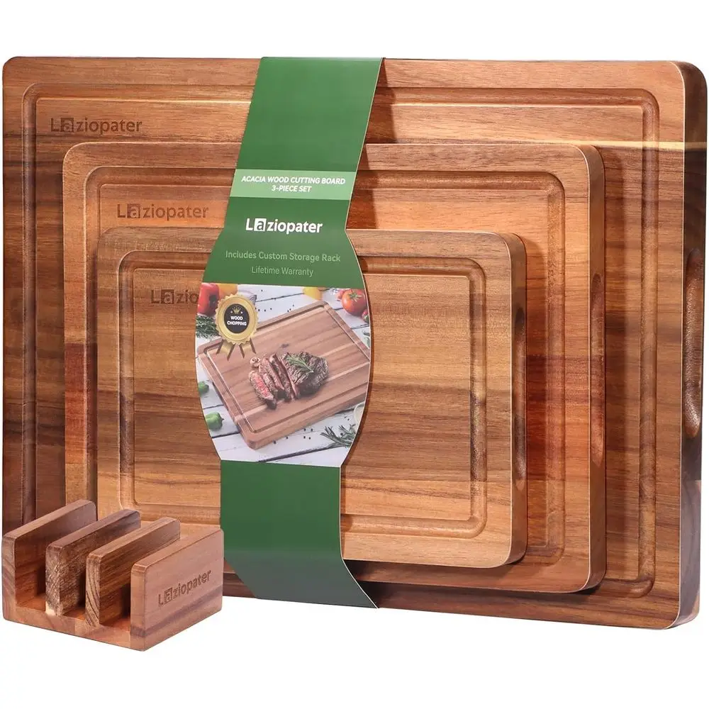 

Solid Wood Cutting Board with Holder, Deep Juice Groove & Built-in Handles, Durable Wooden Chopping Board Set for Meat, Vegetabl