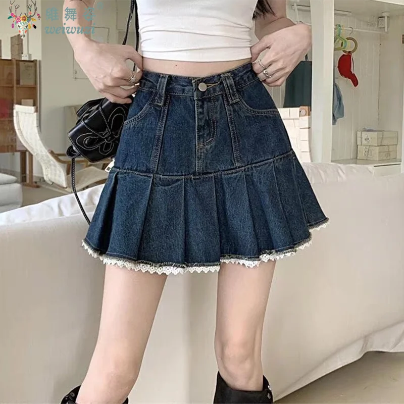 

Женская джинсовая мини-юбка Kawaii в стиле ретро, сексуальные кружевные плиссированные джинсовые юбки с высокой талией для девочек и танцев, летние шорты Y2k