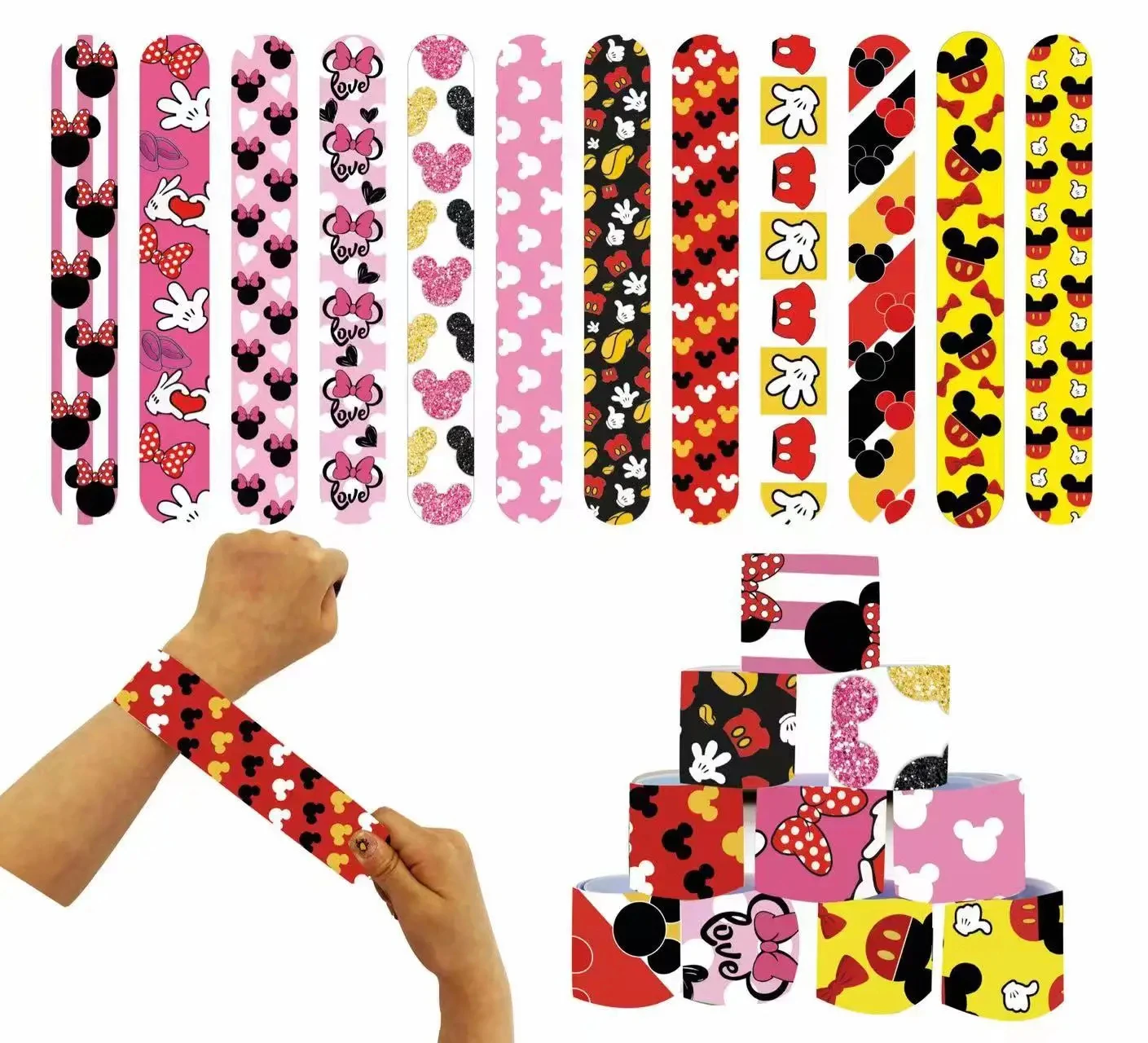 Mickey Mouse Party Favors Cartoon Minnie Mickey Slap Bracelets Headbands Stickers Keychains Gift Bags Kids Birthday Classroom