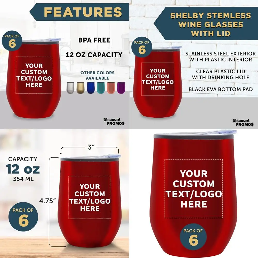 

Набор из 6 персонализированных изолированных стаканов для вина без ножек — 12 унций, идеально подходит для напитков, красный