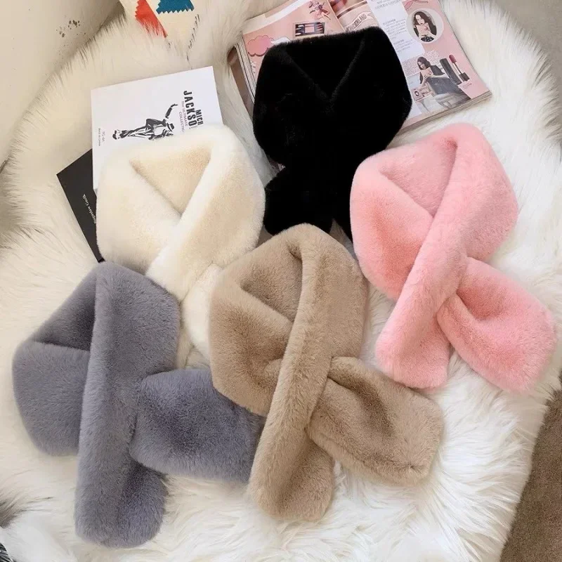 Winter Warm Thicken Scarfs for Women Solid Color Faux Rabbit Fur Plush Cross Collar Scarf Shawl Elegant Warm Soft Neck Scarf