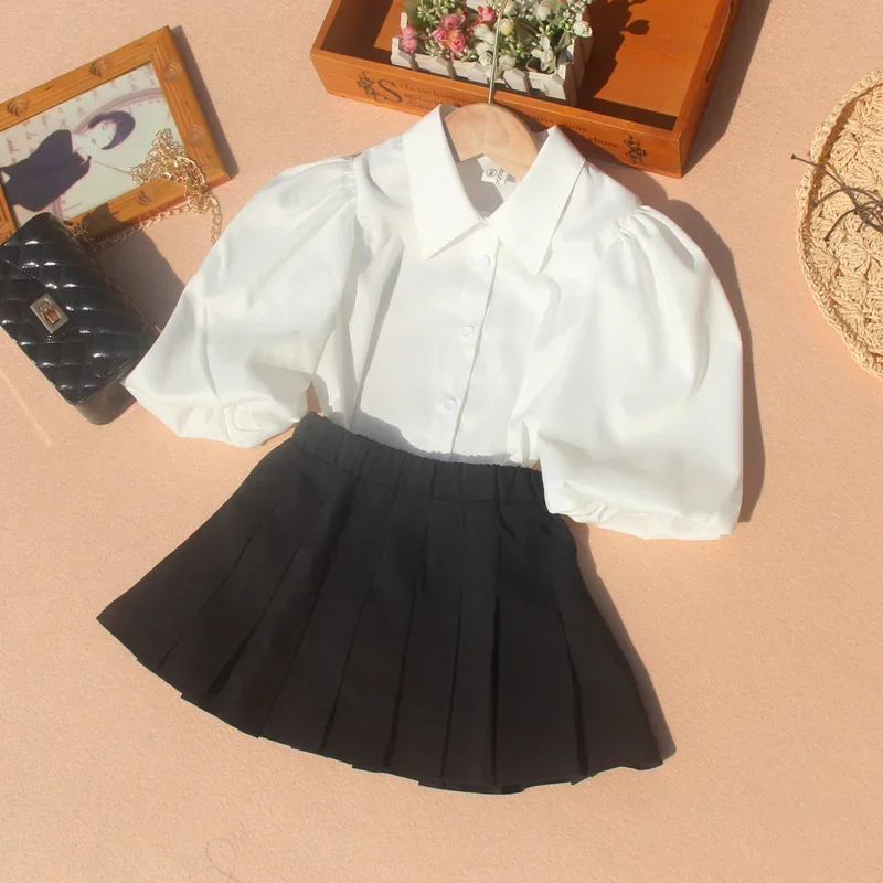 

Korean Children Nine Point Sleeves White Blouses Toddler Girl Puff Sleeve Top Chiffon Summer Turn-down Collar Teen School Shirt