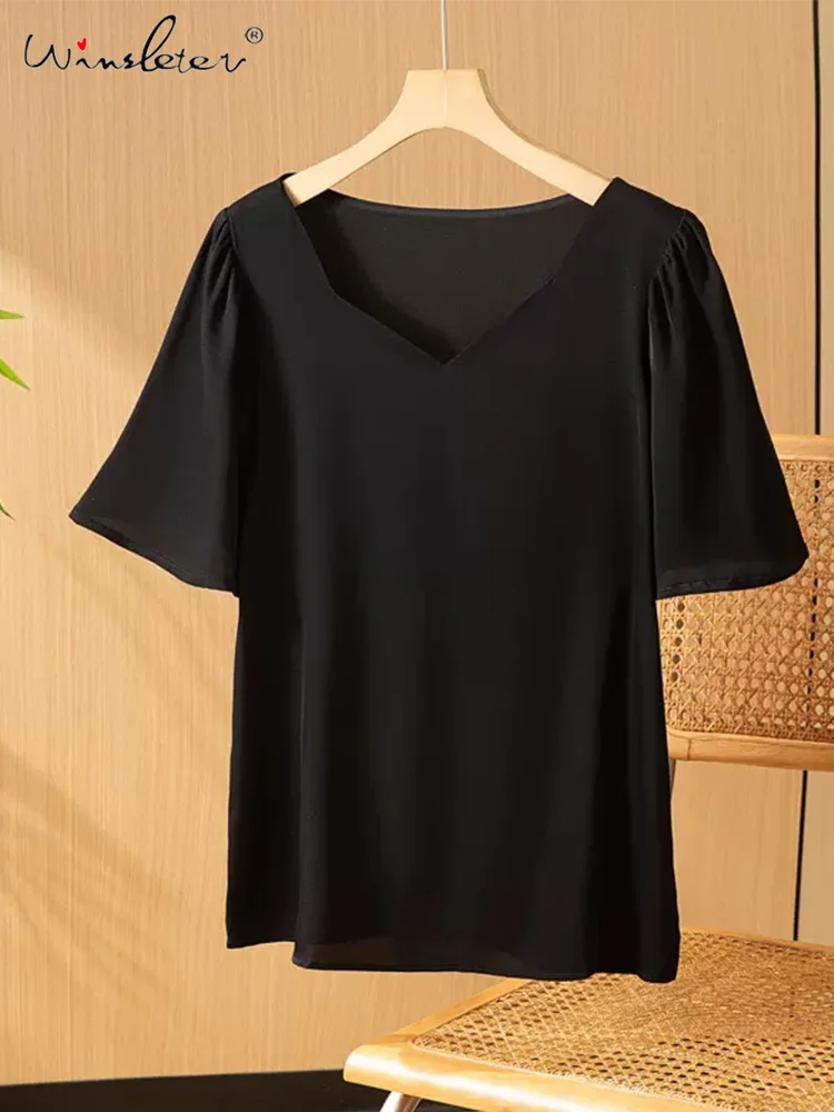 Winsleter, 93%Natural Silk Elegant T-shirt, Woman Short Sleeve V Neck Solid, Basics Loose Chic Top, 2024 Summer Autumn T47426QM