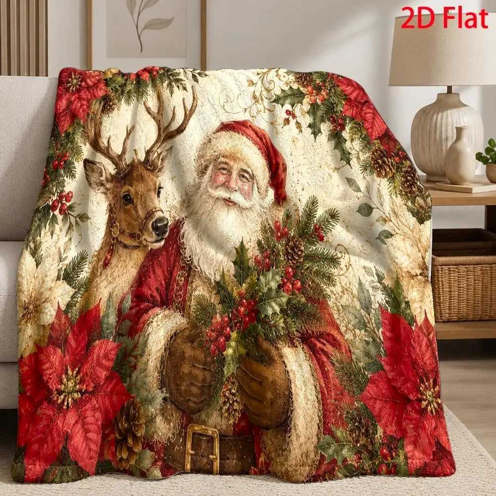 Vintage Christmas Blanket Red Flannel Throw Lantern Robin Bird Pinecone Luxury Warm Fleece Blankets Sofa Couch Bed Cover