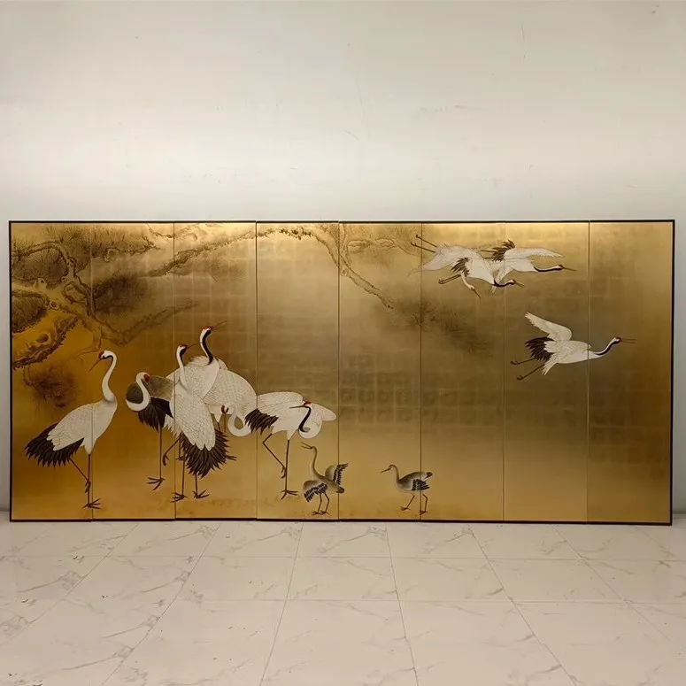 Japanese-style crane return folding mobile medieval screen gold foil hand-painted lacquer painting living room partition backgro