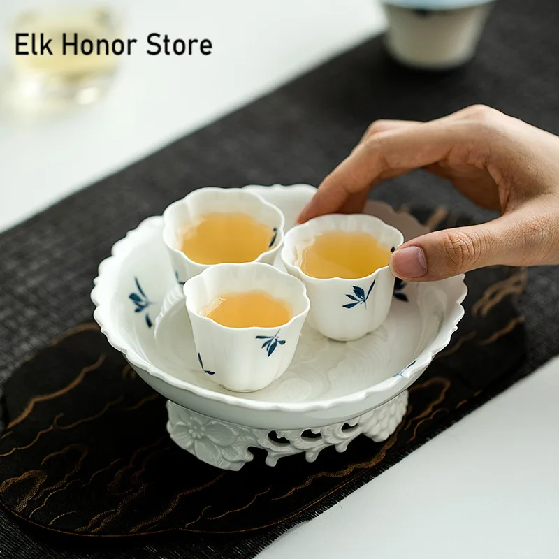 Pure Hand-painted Butterfly Orchid Ceramic Pot Bearing Holder Creative Dry Brew Table Tea Tray Fruit Palte Teaware Accessories