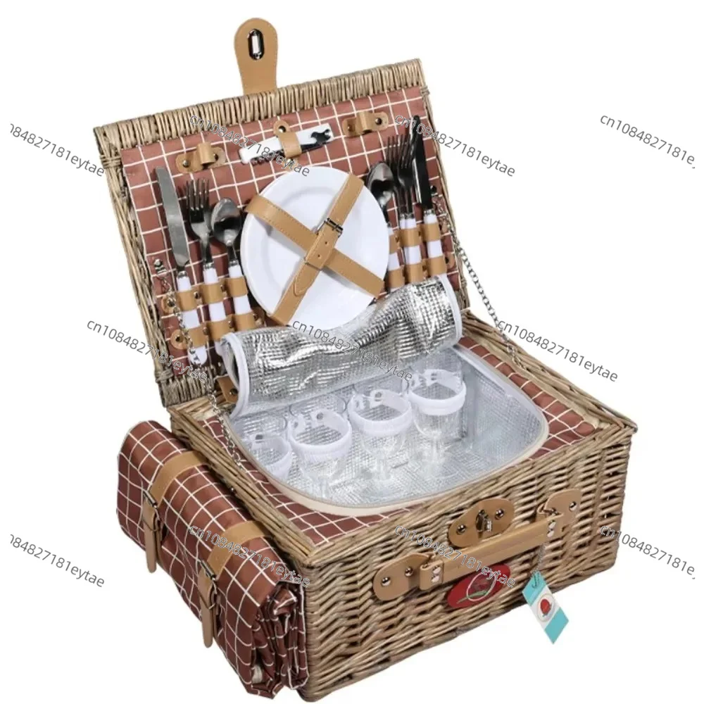 Handmade Wicker Picnic Cooler Basket Set with 4 Covers Outdoor Storage view 4