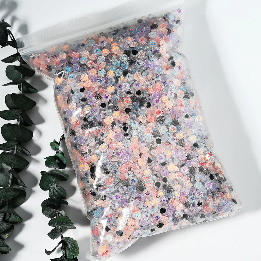 100Pcs 6/8mm 3D Acrylic Resin Flowers Nail Charm Aurora Camellia Rhinestone Nail Jewelry Rose Polish Accessories Nail Decoration