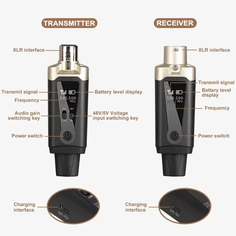 48V Phantom Power Wireless XLR Microphone System Plug-in Transmitter Receiver for Dynamic Condenser Microphones Metal Plastic