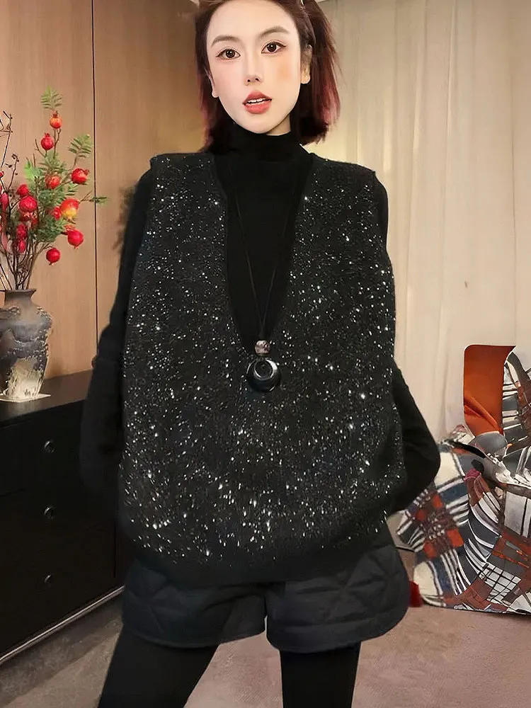 سترة محبوكة لامعة من Faionable V-Ne Svel كسول Sle oulder Bared طبقات علوية كورية علوية فضفاضة تناسب اللون #1