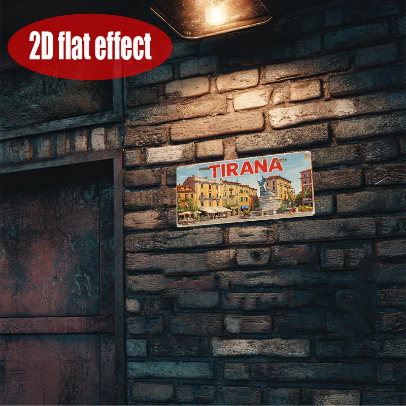 2D Flat Printing, 1pc, Vintage Metal License Plate, only for decoration,Tirana Historic Square Scene Sign