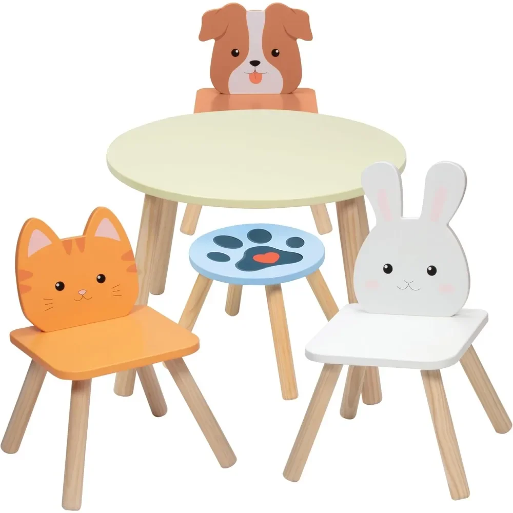 Kids Wooden Animal Table & Chair Set w 3 Seats (Puppy Kitten & Bunny) & Adult Stool for Arts Crafts, Dining