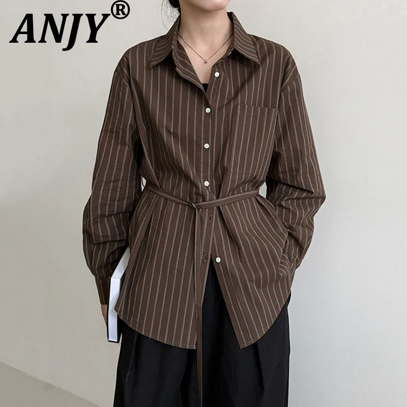 

ANJY Spring Autumn New Women Korean Version Elegant Lace-Up Striped Casual Blouse Trendy Fashion Retro Long Sleeve Shirts A19738