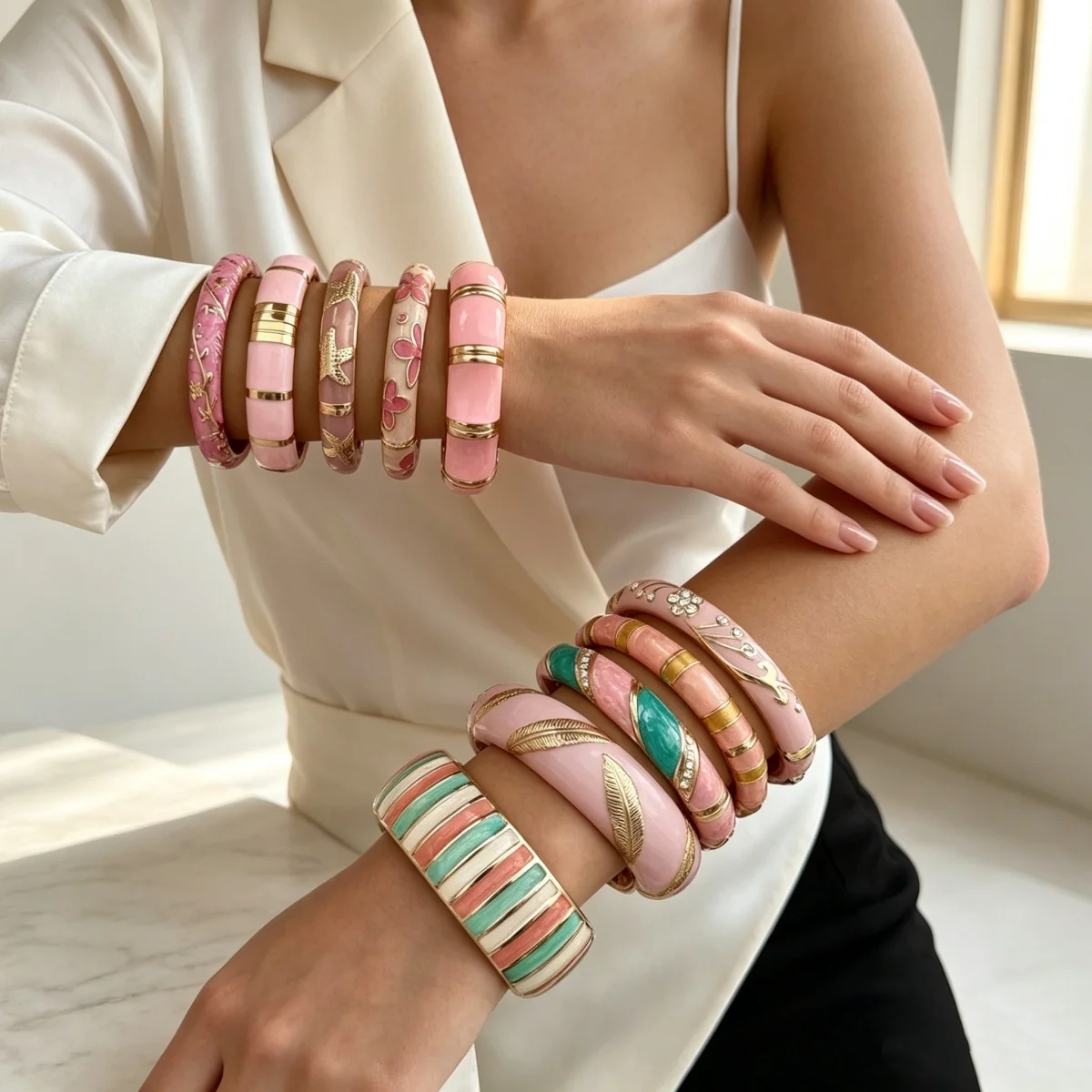 Vintage Pink-Serie Emaille-Manschettenarmbänder für Damen und Herren, Modisches Weichrosa Block-Muster mit Gedrehten Blättern, Blumen und Sternen, Armreif-Schmuck – Detail 8