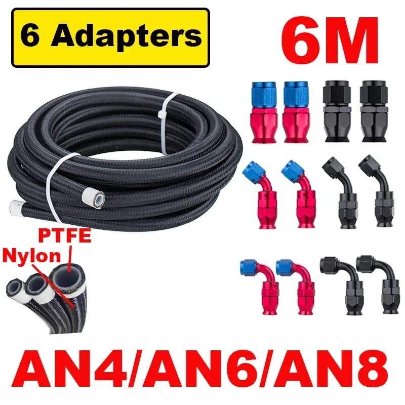 6M 20FT AN4 AN6 AN8 PTFE Nylon Stainless Steel Braided Fuel Gas Oil Line Hose Assembly 0+45+90 Degree 6pcs End Fitting Adapters