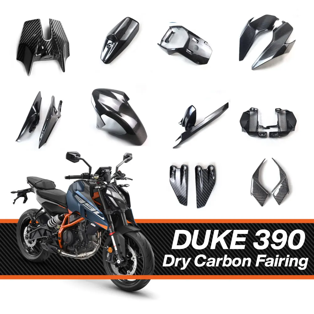 Accessori in Fibra di Carbonio Secca per Duke 390 2017-2026 RC390: Parafango Anteriore e Posteriore, Protezione Catena, Coperchio Accensione in Vero Carbonio 3K