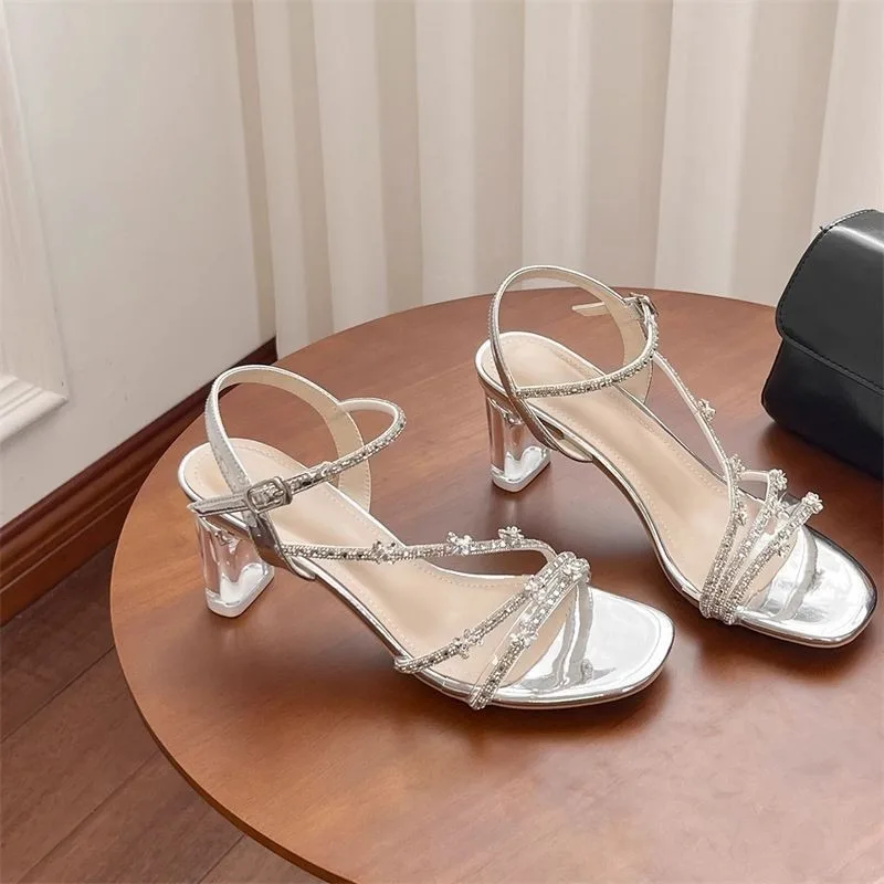 

2026 New Rhinestone Strap High Heel Sandals Women's French Temperament Clear Crystal High Heels