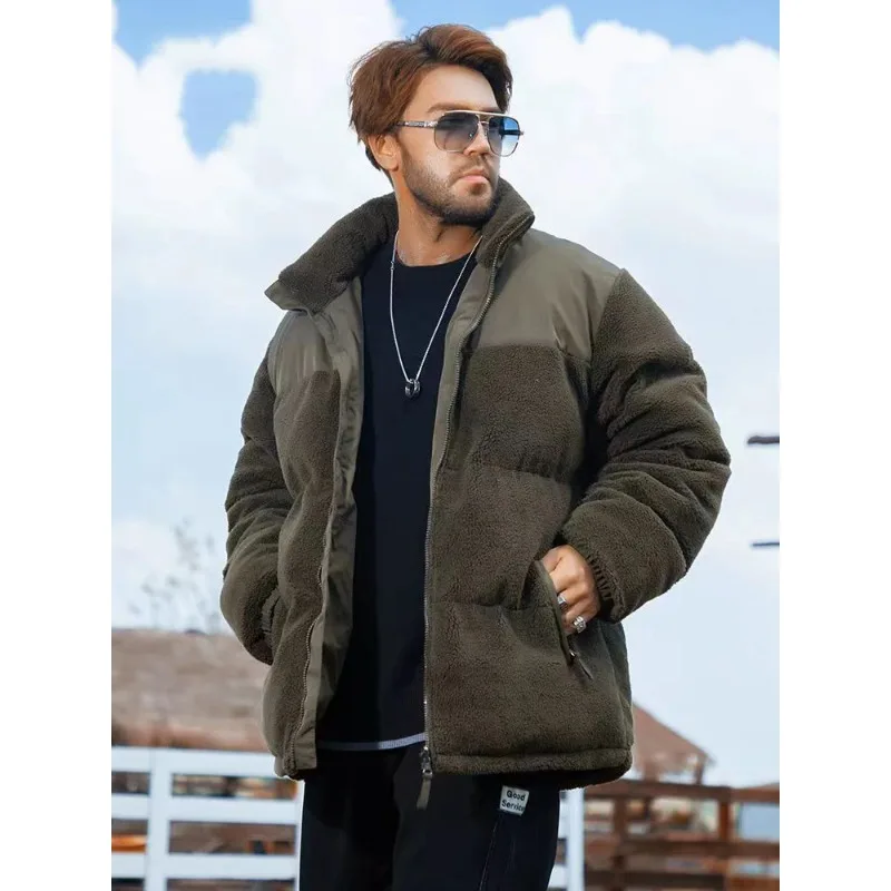 

2023 Men Double-sided Winter New Parkas Thicken Warm Fleece Reversible Jacket Stand Collar Windbreaker Thermal Padded Coat