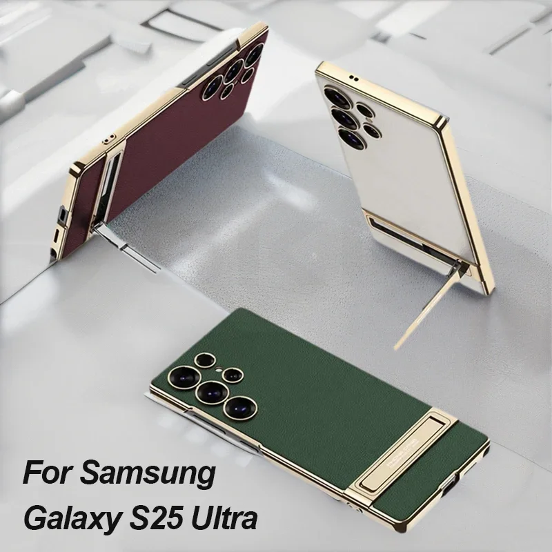 

Galvanic Leather Holder Plastic Case For Samsung Galaxy S25 Ultra Shockproof Plating Frame Hard Cover for Galaxy S25 Ultra Case