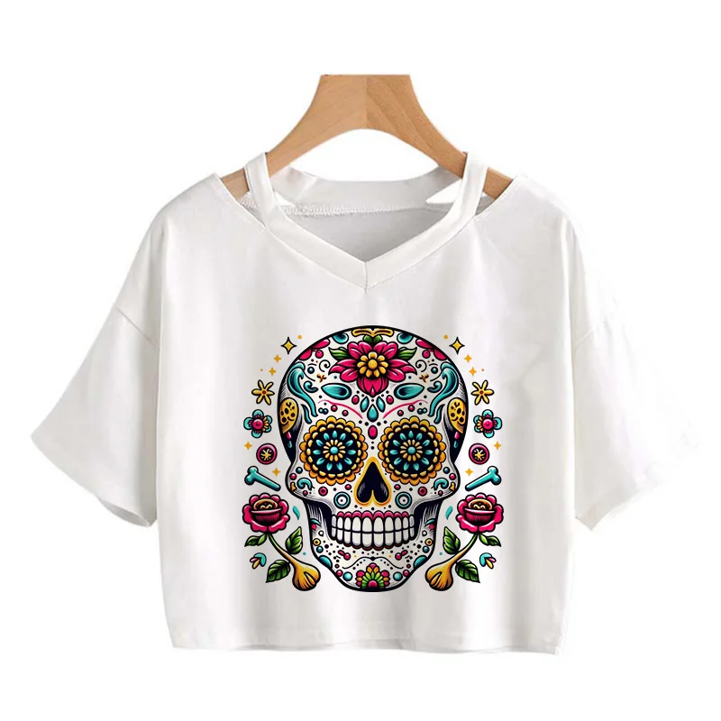 Women's Gothic Crop Tops with Colorful Sugar Skull and Day of The Dead Print Funny Short Sleeve Cropped T Shirt Sexy Y2k Clothes