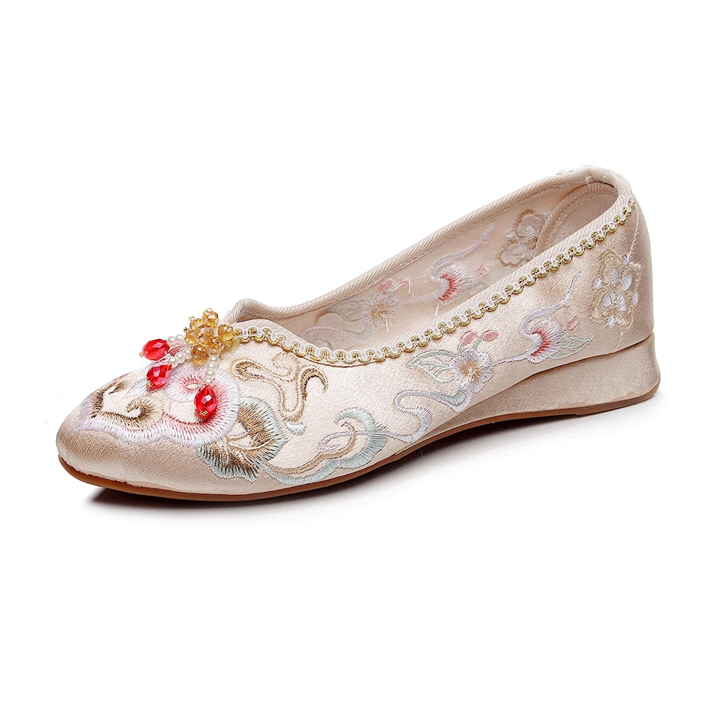 Veowalk Elegant Women Cotton Satin Embroidered Ballet Flats Comfortable Soft Leisure Walking Shoes Beige Pink Blue White