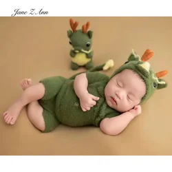 Dragon kostium dla dzieci Newborn Photography rekwizyty zielony kapelusz ubrania + pajacyk dziecięcy z krótkim rękawem studio fotografowania stroje