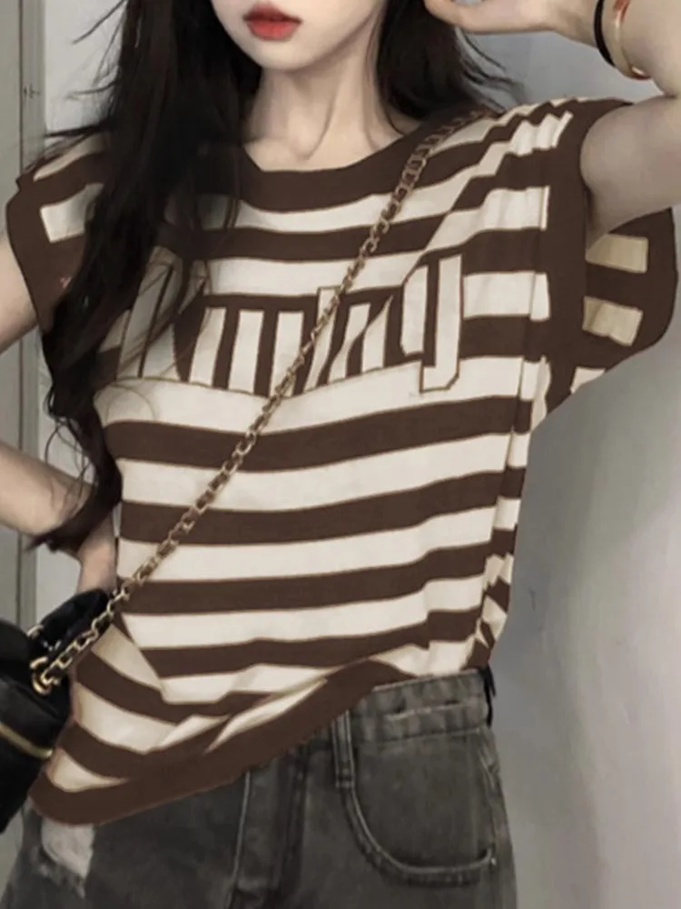 

Новая летняя женская полосатая футболка ort Sve, свободная повседневная круглая футболка Ne Svel, закрывающая живот, утягивающий топ, модный хлопок...