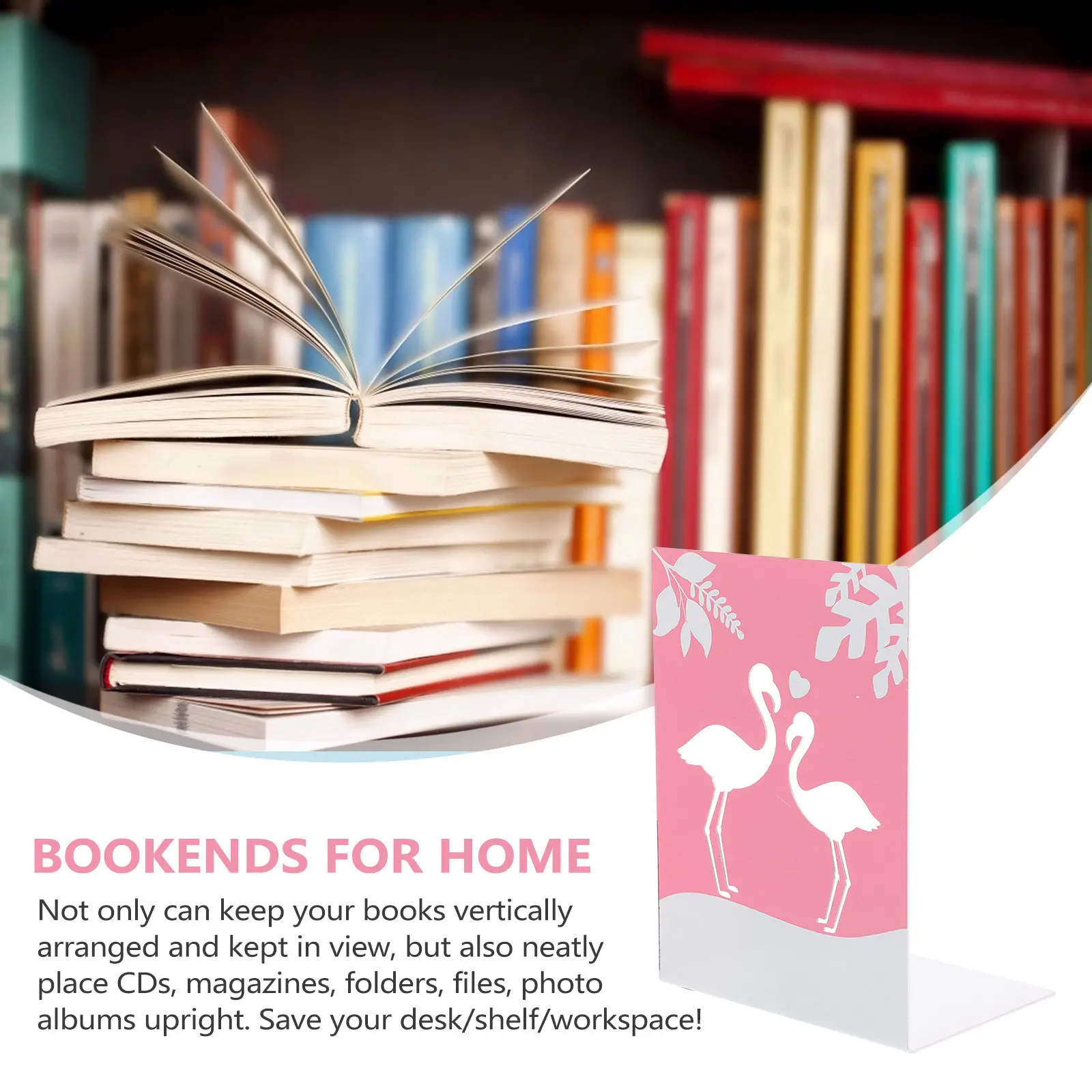 2Pcs Iron Art Flamingo Bookend Cartoon Metal Bookends for Home Office Desktop Book Organizer Flamingo Iron Art Book Stoppers