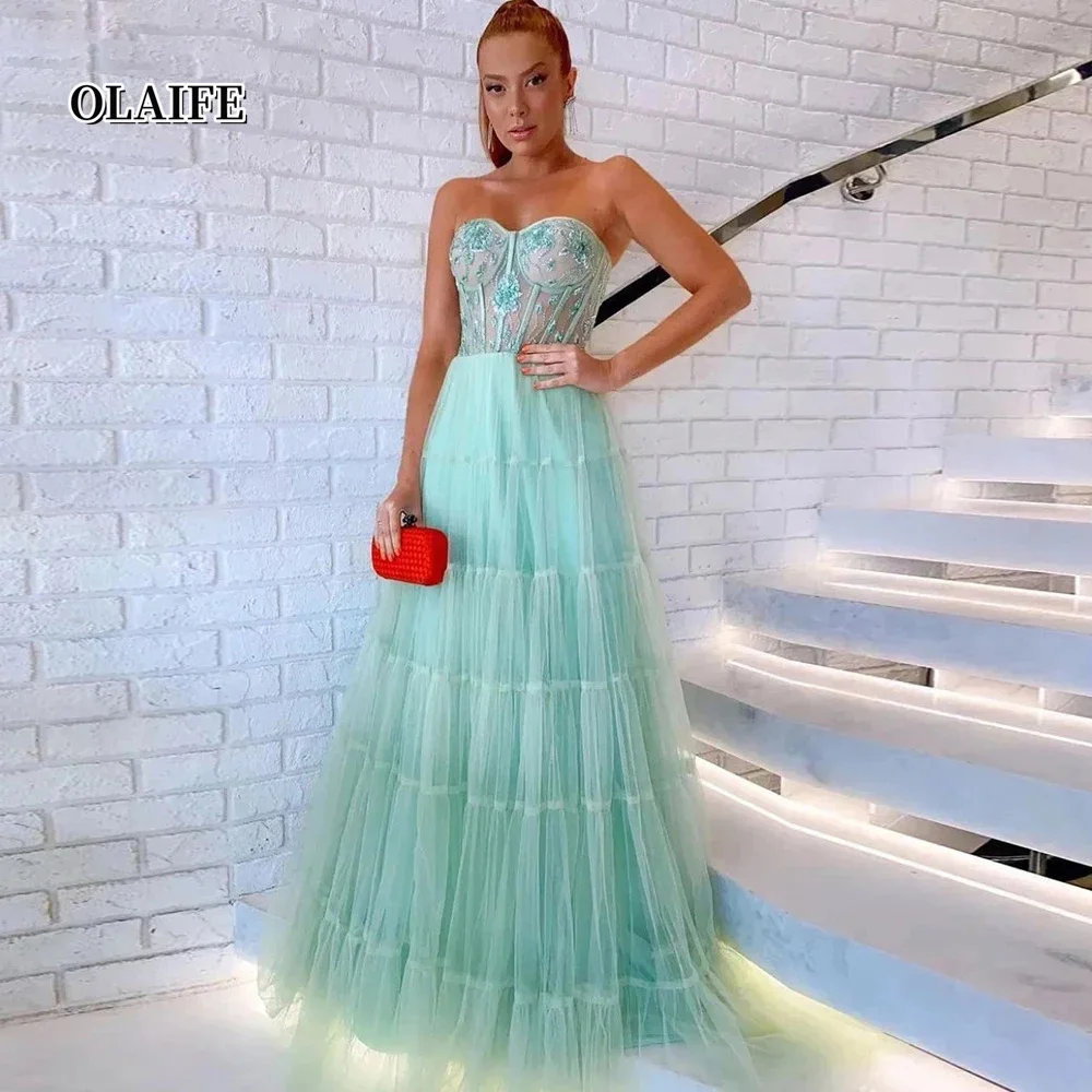 Eenvoudig A-lijn Tule Lange Galajurken Applicaties Kant Gelaagde Rok Avondjurk Speciale Gelegenheidsjurk Robe De Soiree فستان 2017-