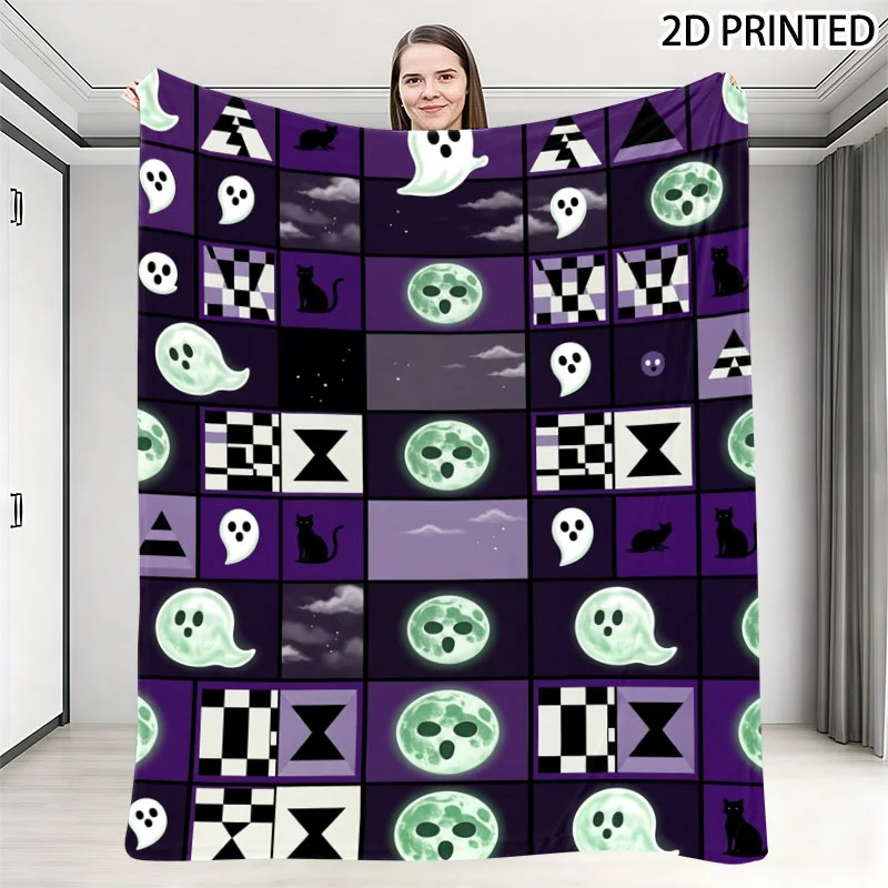 Whimsical Spooky Halloween Throw Blanket - Dark Purple Background, Repeated Ghost, Cat, Moon & Geometric Grid Patterns, Cozy Sof