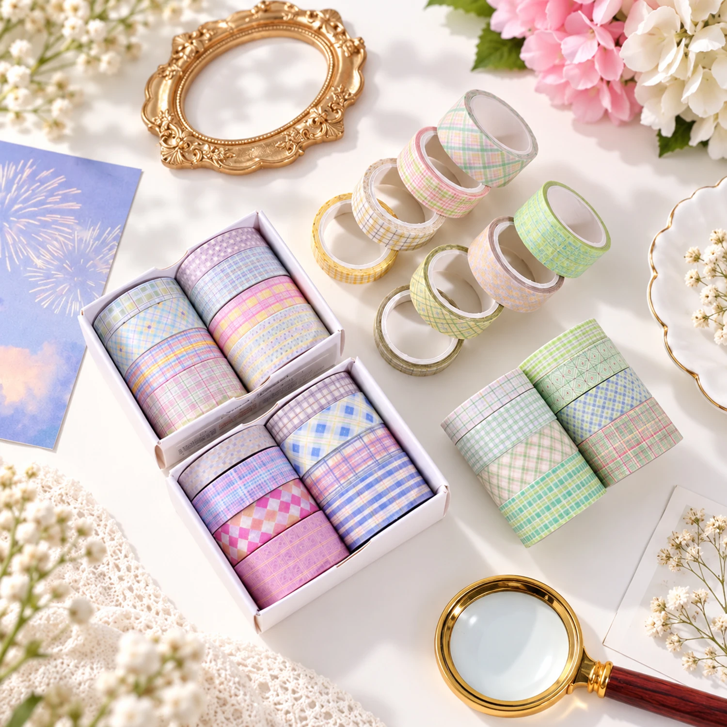 8 Rolls/Box 3 Widths X 2m Pastel Plaid Washi Tape, Soft Grid Check For Scrapbooking Journal Diy Craft Decorative Masking Tape