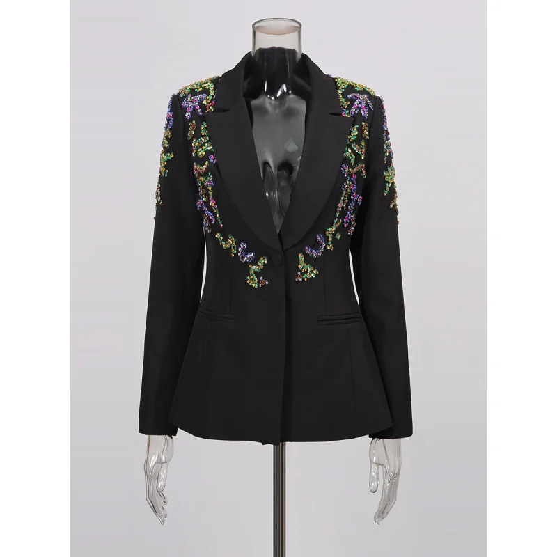 Blazer noir à perles colorées pour femmes, tenue de spectacle sur scène rétro, nouvelle collection automne 2025