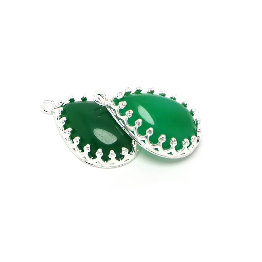 

2pcs Bright Silver Color Pendant,Green Jade Teardrop Cabochon Inlaid,Silver Plated Brass Vintage Charms,Necklace Earring Finding