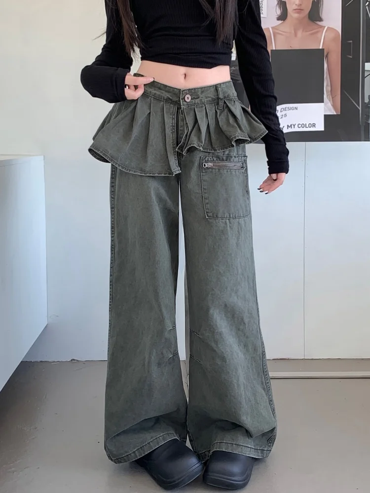 Trashy Y2K 2000S Hemline Pleated Design Vintage Green Baggy Jeans Pants For Women Clothes Wide Leg Loose Hip Hop Lady Trousers