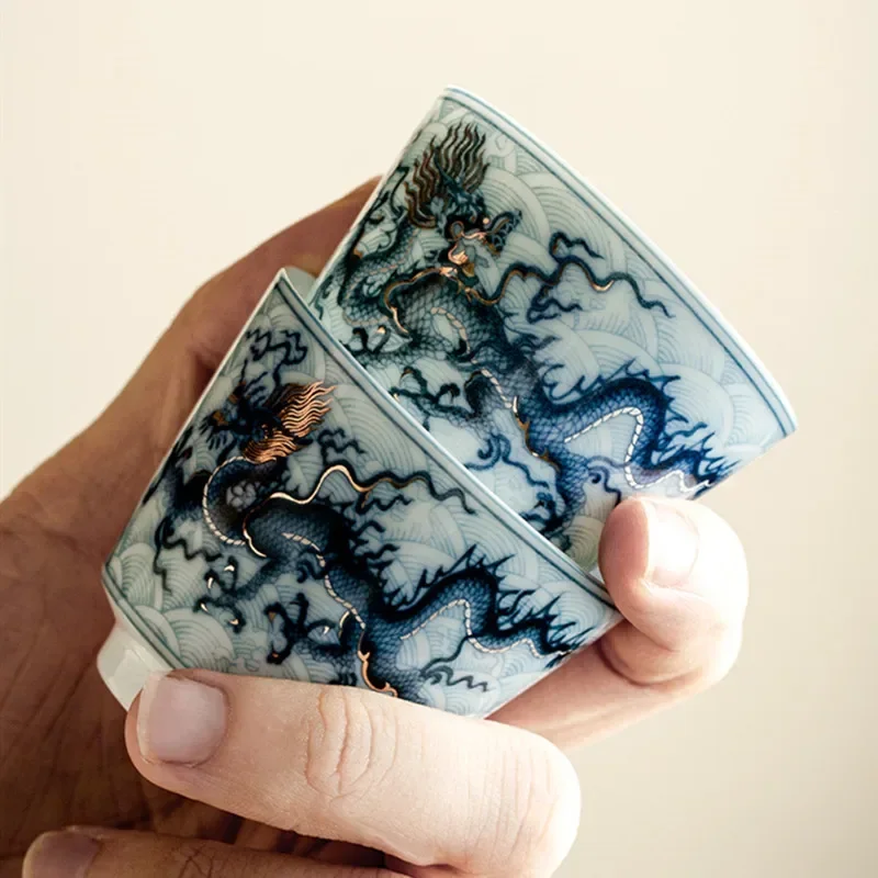 1 Pc Chinese Vintage Ceramic Tea Cup Hand-painted Blue and White Dragon Pattern Tea Bowl Handmade Porcelain Teacup Teaware 40ml