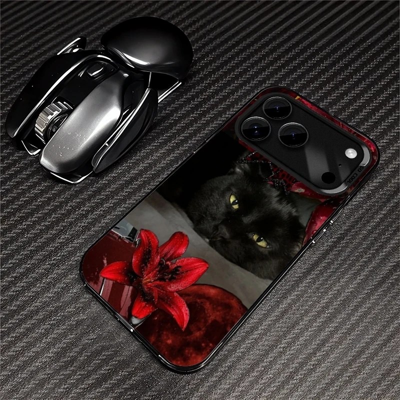 Edgy Black Cat  Red Lily Phone Case for iPhone 17 Air 16 15 14 11 Pro 13 12 Mini XR 8 7 Matte Laser Bumper Shockproof Hard Cover