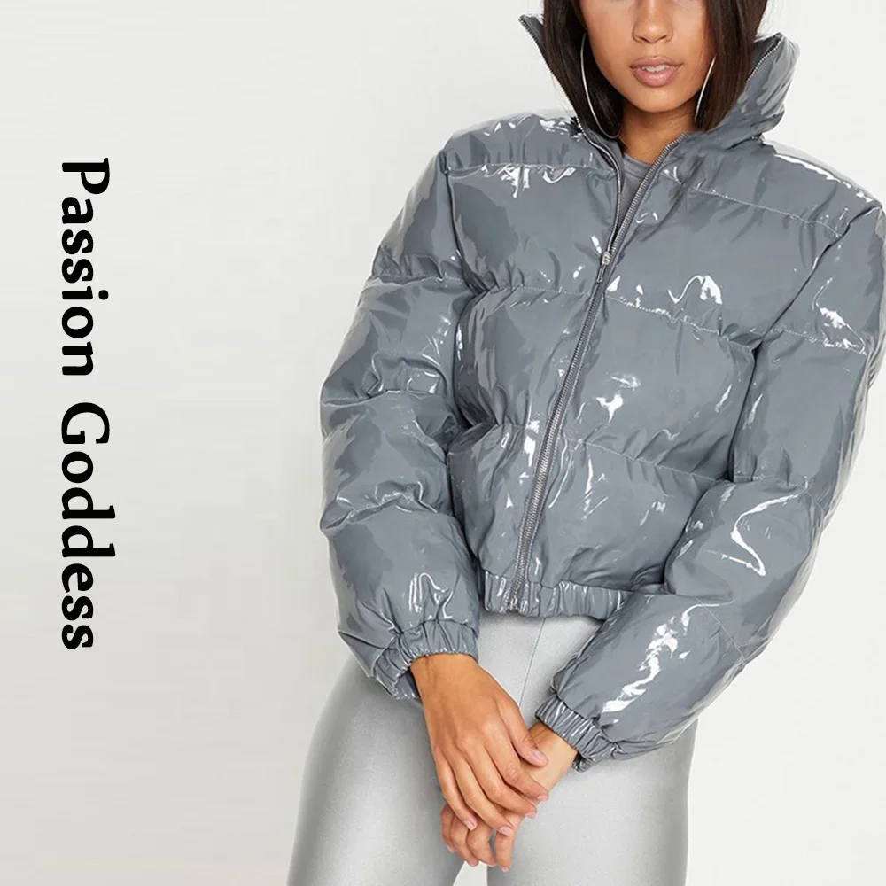 Women Shiny Gray PU Leather Down Puffer Jackets Winter Glossy Leather Bubble Coats Thick Parkas Down Zipper Puffy Jacket Parkas