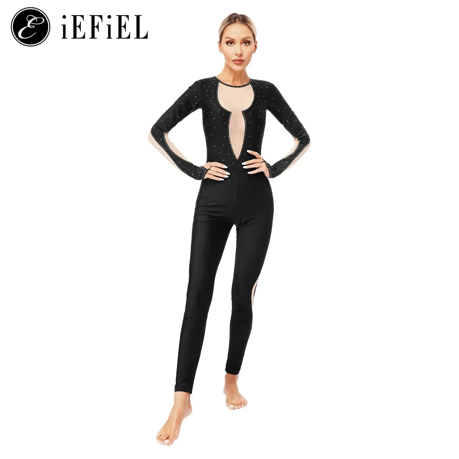 Women Shiny Rhinestone Keyhole Back Gymnastics Ballet Dance Unitard Full Body Cover Leotard Ice Skating Jumpsuits Bodysuit