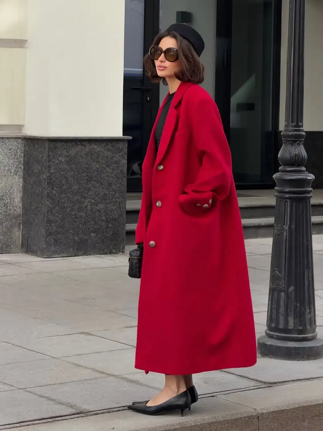 Women Red Long Oversized Coat Lapel Collar Loose Wool Blend Maxi Trench Coat Fashion 2026 Winter Autumn Outerwear Streetwears