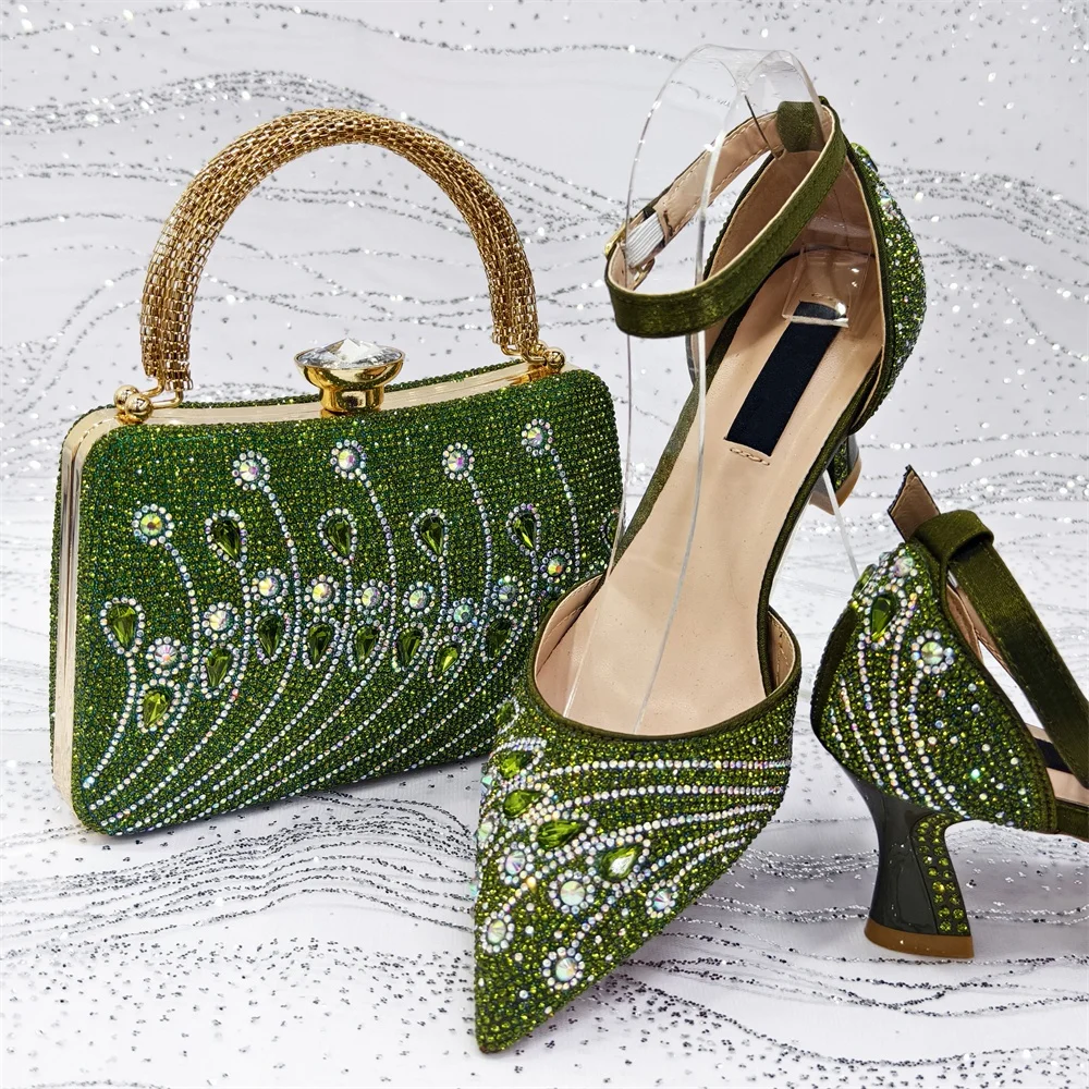 

Hot Sale African Style Rhinestone Shoes And Purse Set Italian Design Woman High Heels Shoes And Bag Set For Wedding Dress