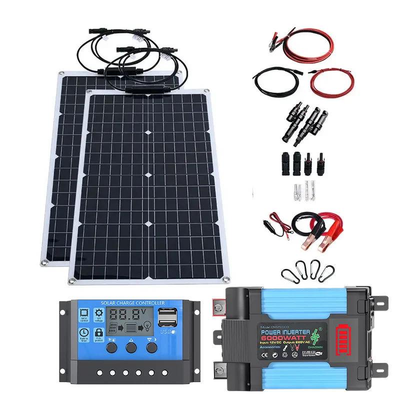 Alles-in-één zonnekit van 2000 W |   4000-6000W omvormer en flexibel paneel |   110V/220V uitgang voor thuis, kamperen, off-grid stroom