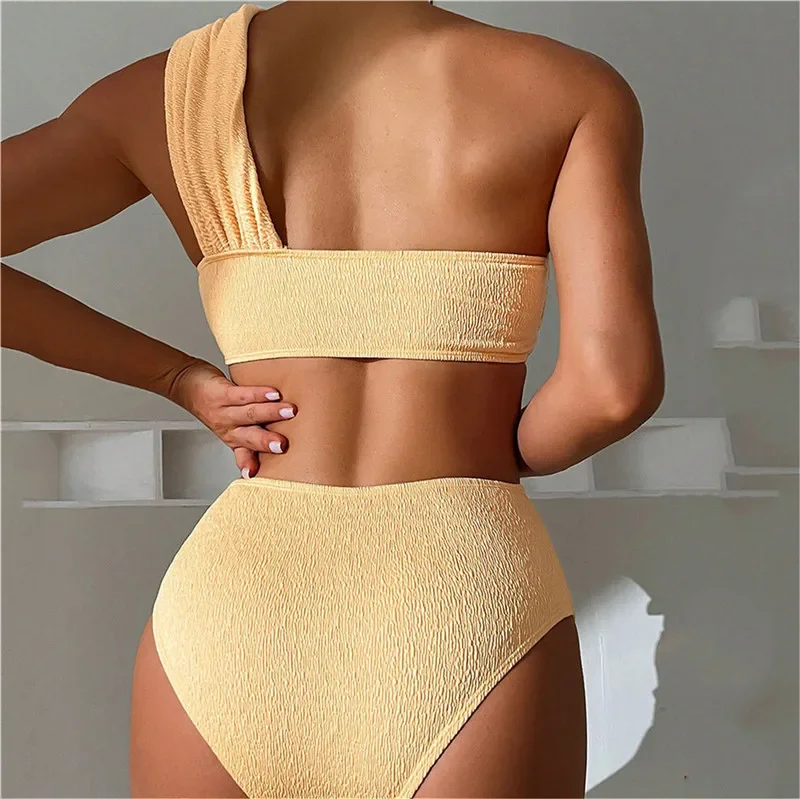 Amarelo biquíni de duas peças definido para as mulheres, sexy maiô de duas peças, bandeau, cintura alta, ruched, roupas de praia