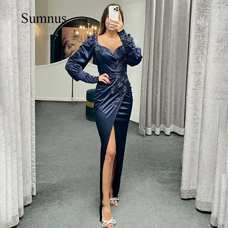 

Sumnus Saudi Arabic Evening Dress Long Sleeve Appliques Mermaid Prom Dresses With Split Zipper V-neck Dubai Evening Gowns 2024