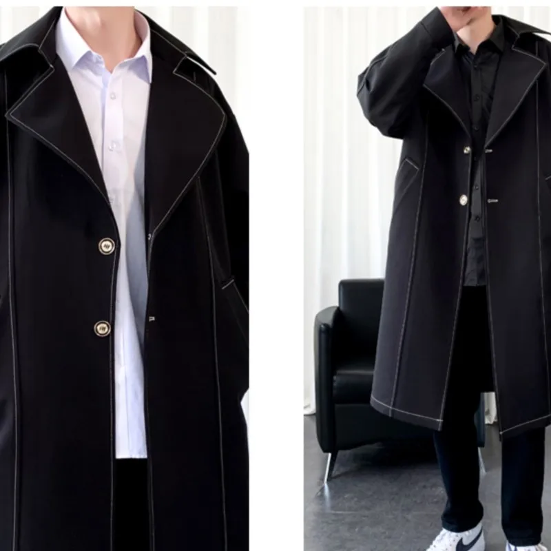Gabardina de alta calidad para hombre, gabardina de línea elegante, gabardina larga con una hilera de botones para otoño e invierno, chaqueta negra de Color sólido para hombre, abrigos