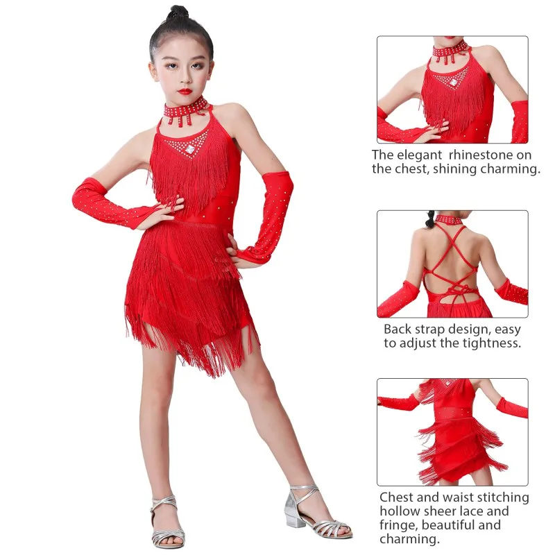 Latin Dance Dress for Girls 3-15Y Solid Tassel Dancing Dress Kids High Quality Professional Competition Suit Tango Costume