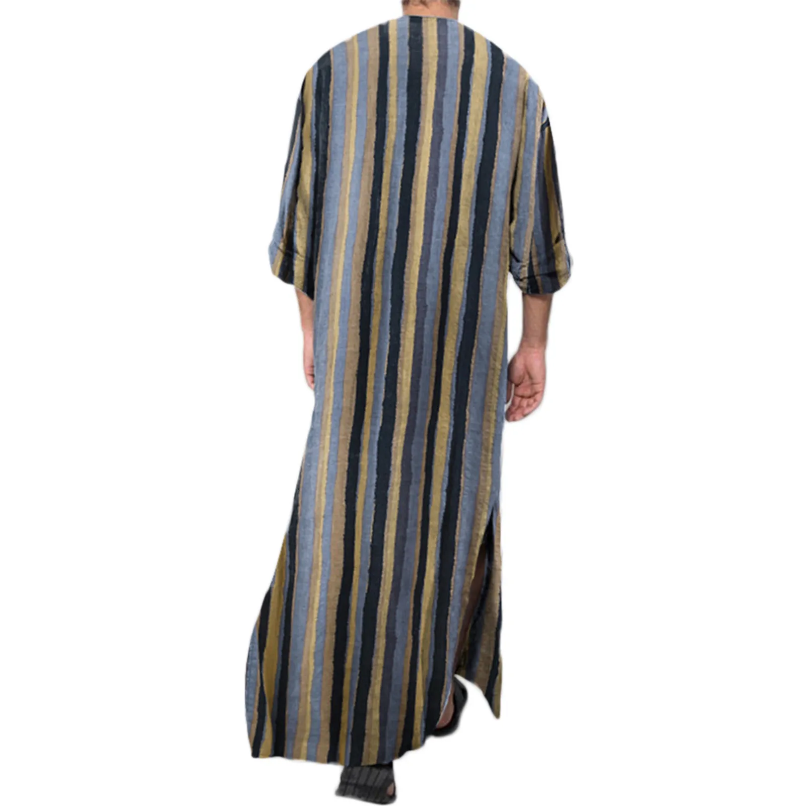 Men\'s Nightgown Robes Arabian Striped Shirt Ethnic Clothing Long Sleeves Retro Kimono House Skirt Cotton Bathrobe Lingerie S-5XL