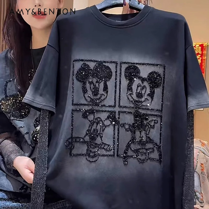 

2026 Heavy Industry New Cartoon Sequin Fake Two-Piece Short Sleeved T-shirt For Women's Loose Casual Versatile Sweet Top Tshirts