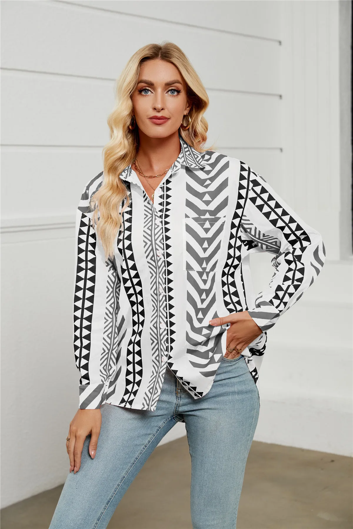 Boho Striped Print Shirt Blouse Women Spring Autumn Trun-down Neck Long Sleeve Shirts For Women Casual Loose Pocket Top Femme