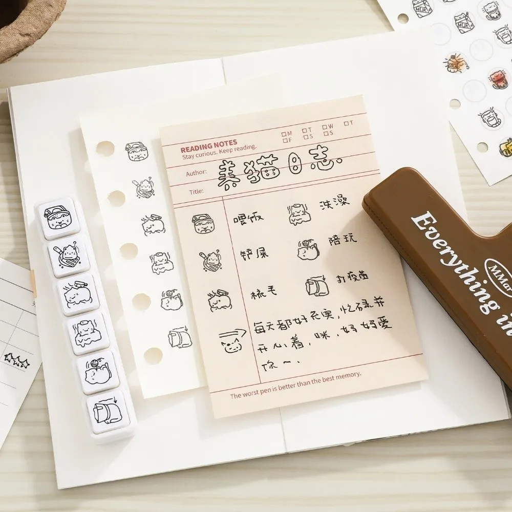 6pcs Cute Design Cat Emotion Stamp Plastic Handle Mini Size Rubber Stamp White Daily Life Series Pattern Stamps for Journaling